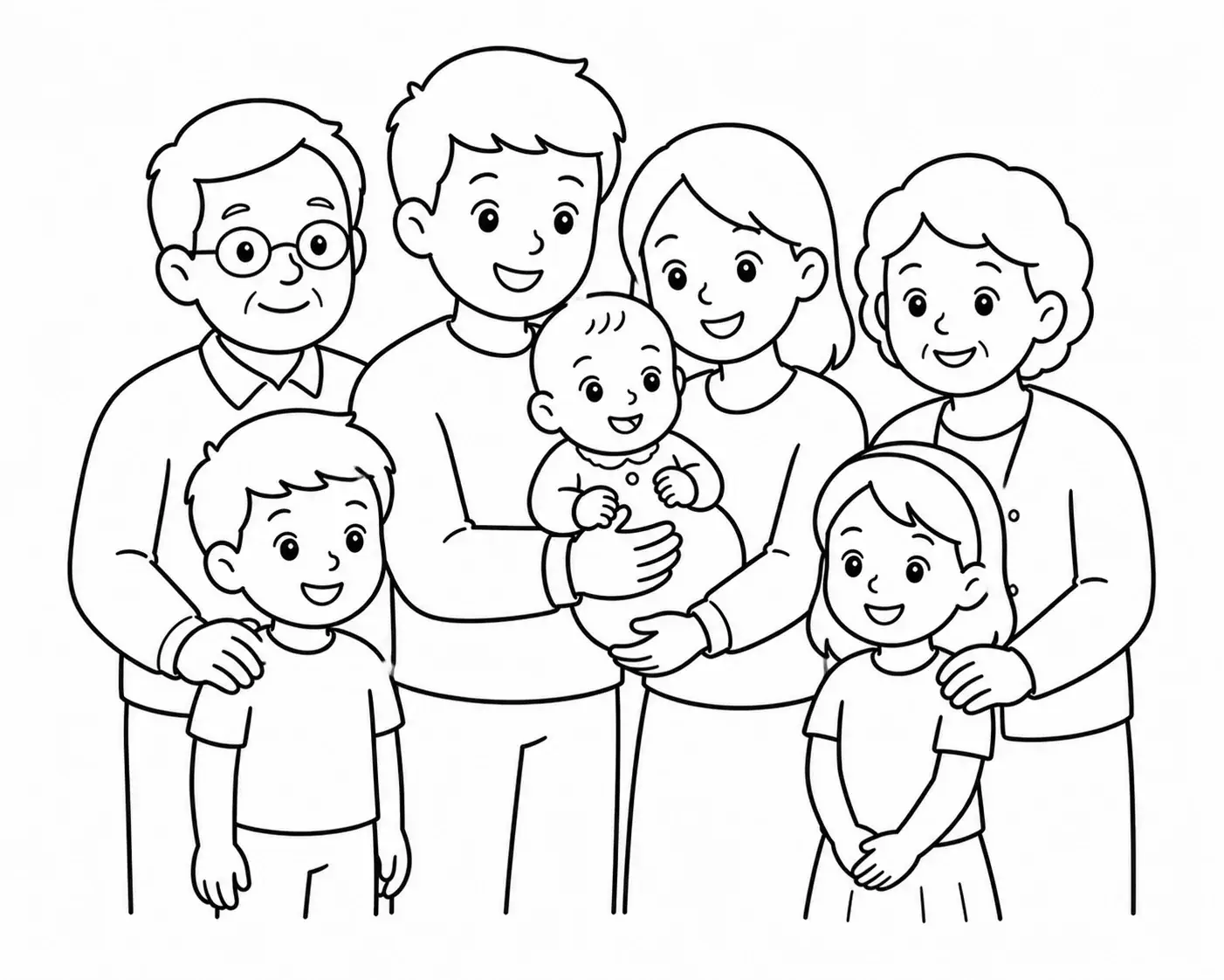 Bébé entouré de sa famille proche, en illustration au trait