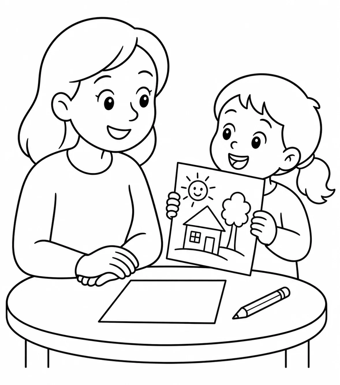 Photo d'une maman et son enfant transformée en page de coloriage