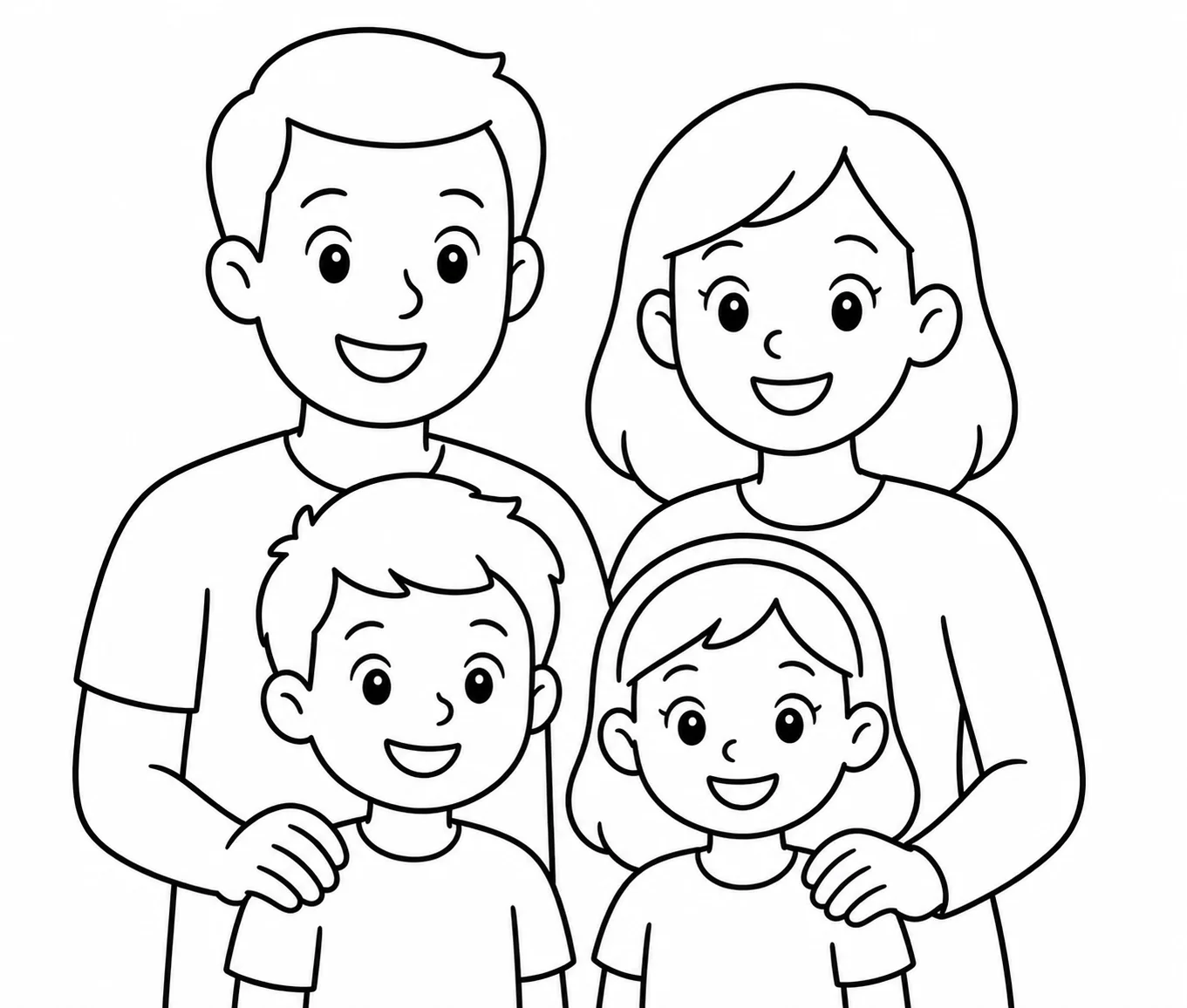 Portrait familial transformé en coloriage avec papa, maman et enfants