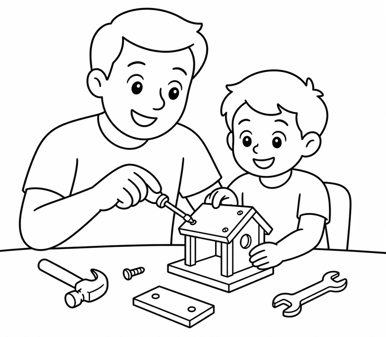 Father-and-child DIY scene turned into a coloring page