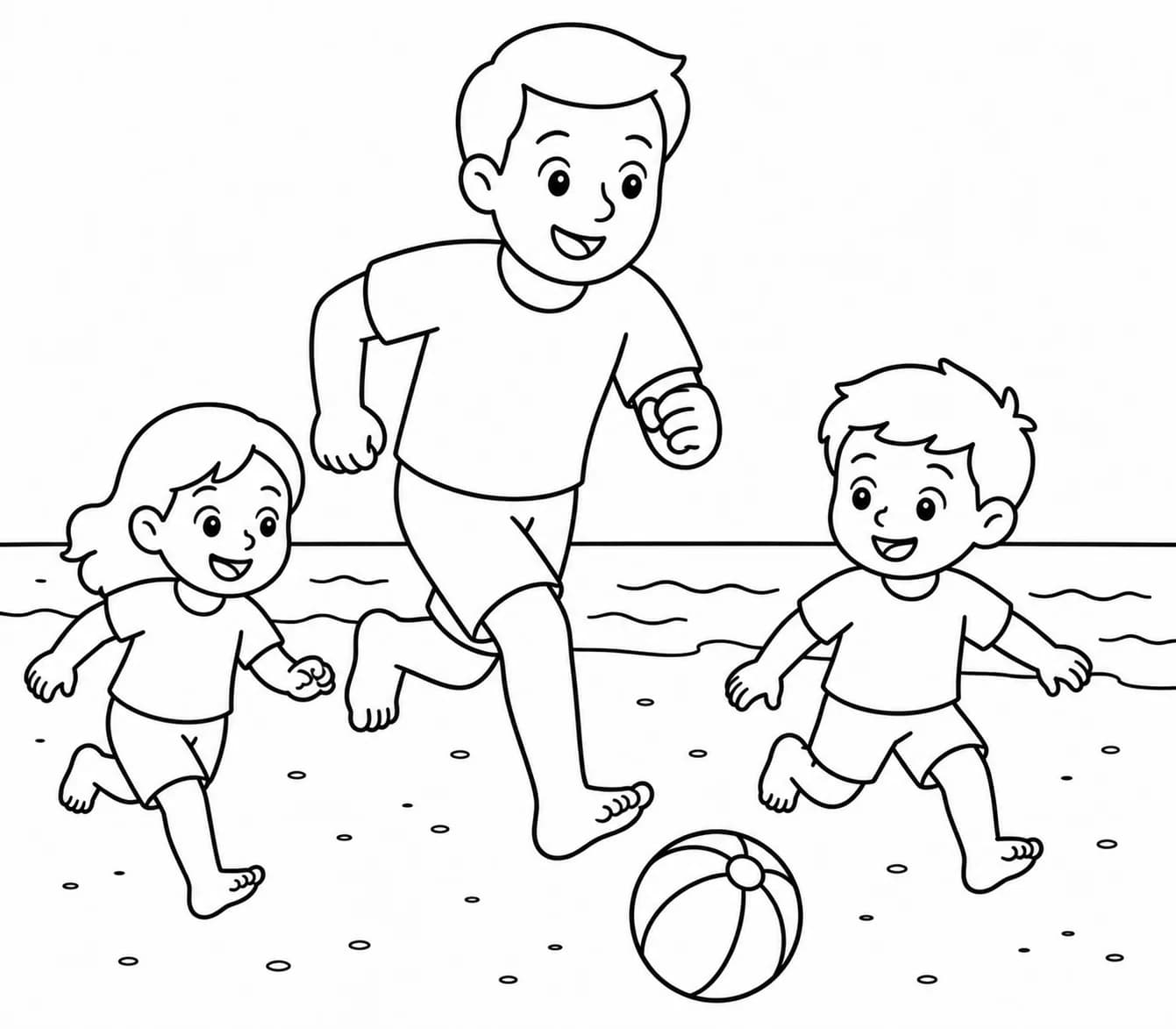 Photo de plage avec papa et enfants devenue page de coloriage