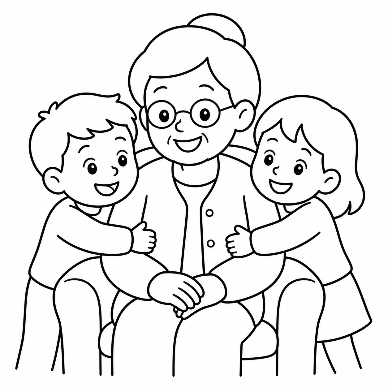 Grandma with her grandchildren rendered in line art