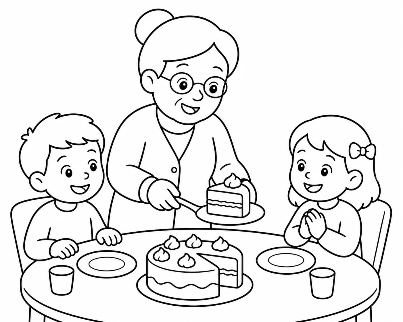 Family afternoon snack turned into a coloring page