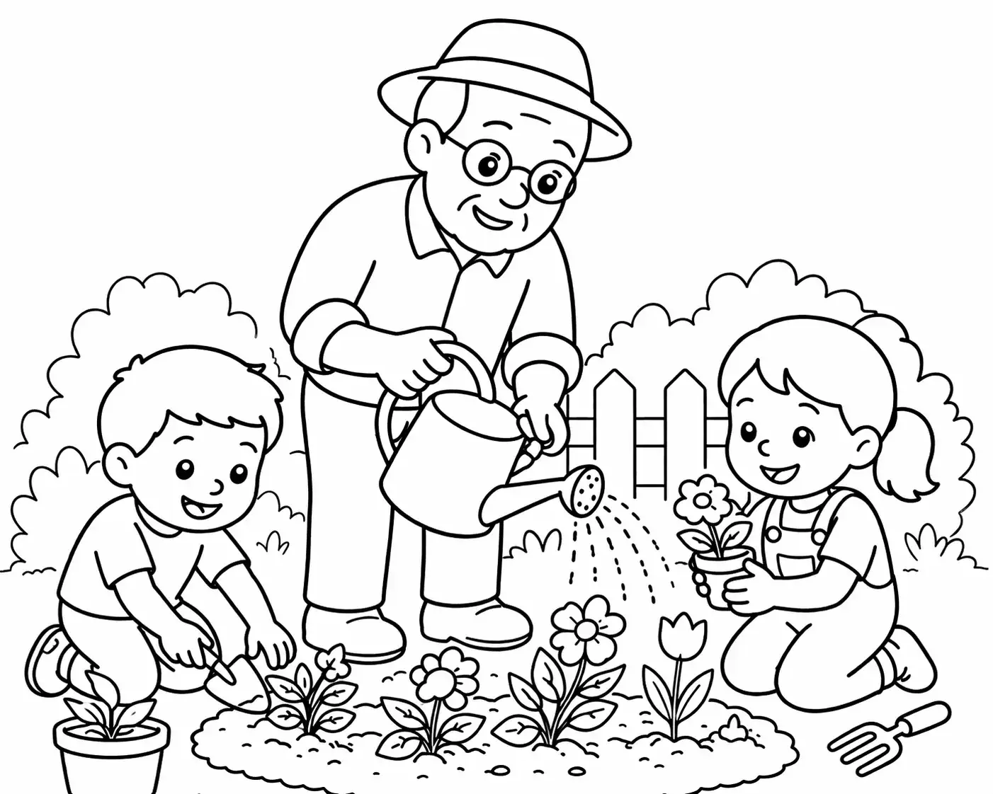 Grandpa in the garden with his grandchildren, rendered as a coloring page