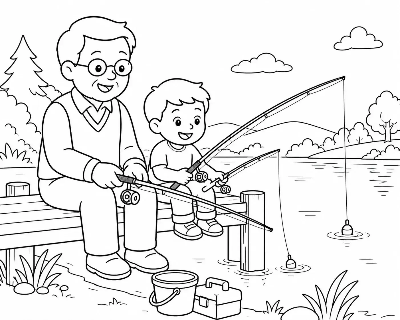 Fishing trip between grandpa and grandson turned into line art