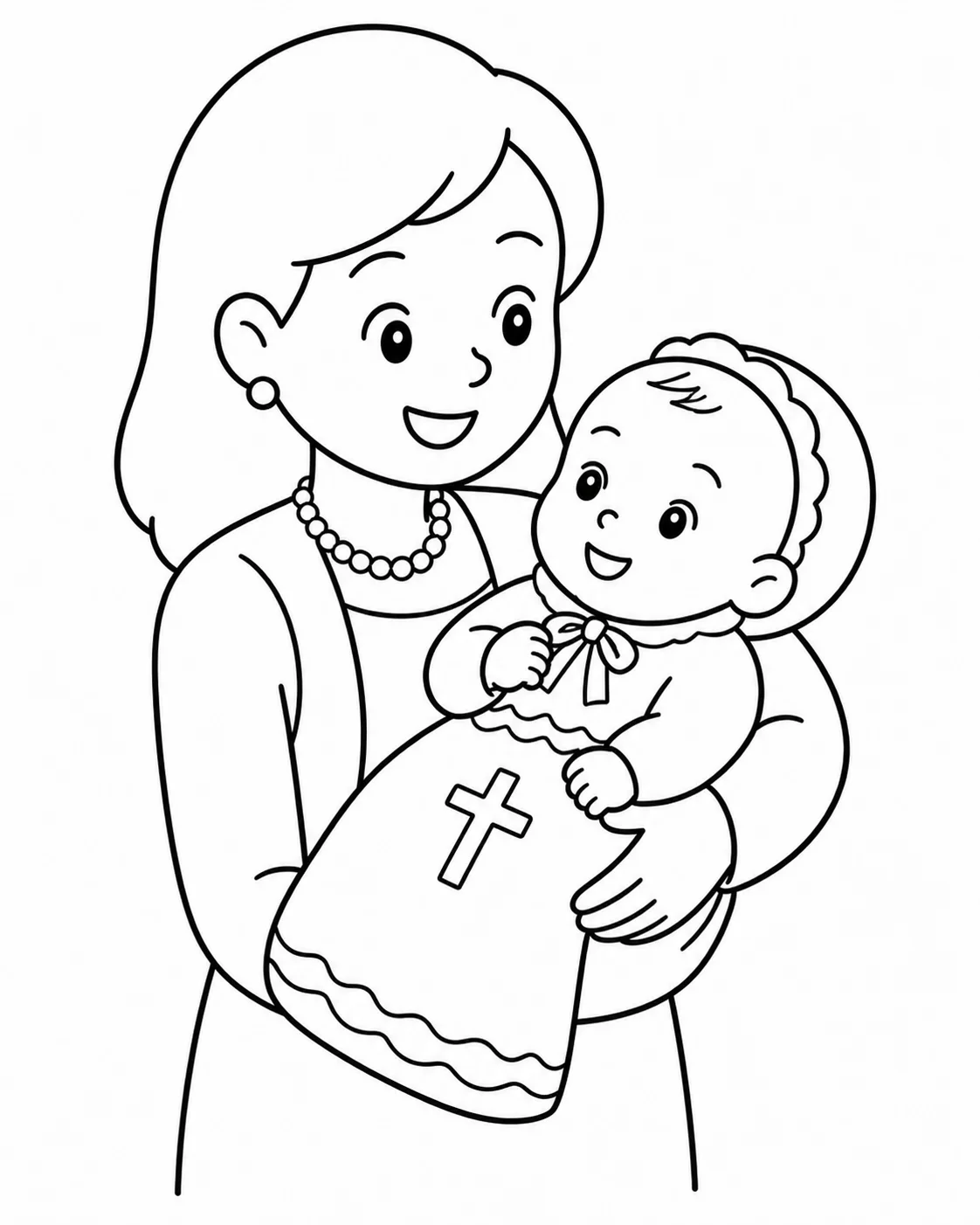 Marraine et filleul lors d'un baptême, en illustration au trait