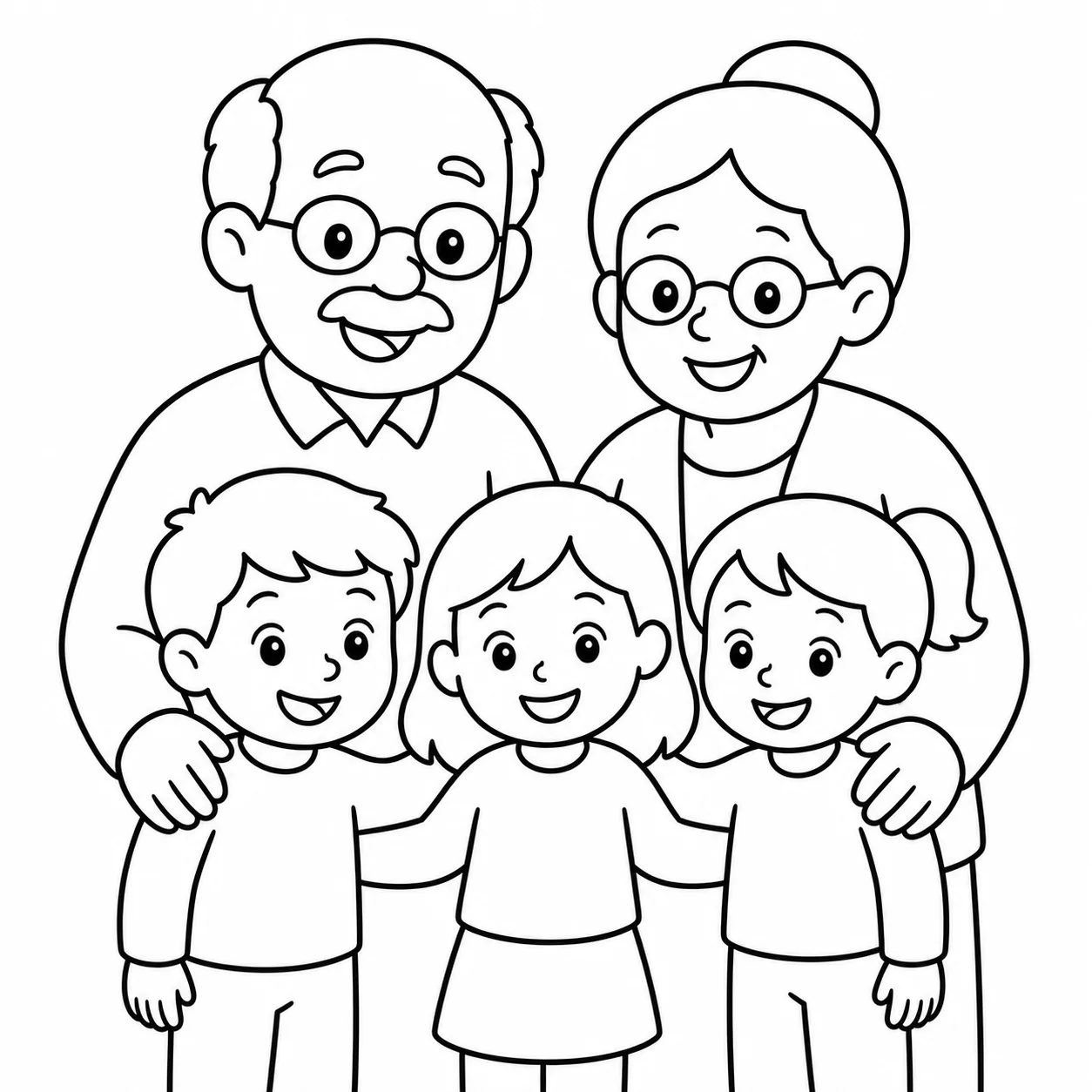 Grandchildren with their grandparents in a line-art page to color