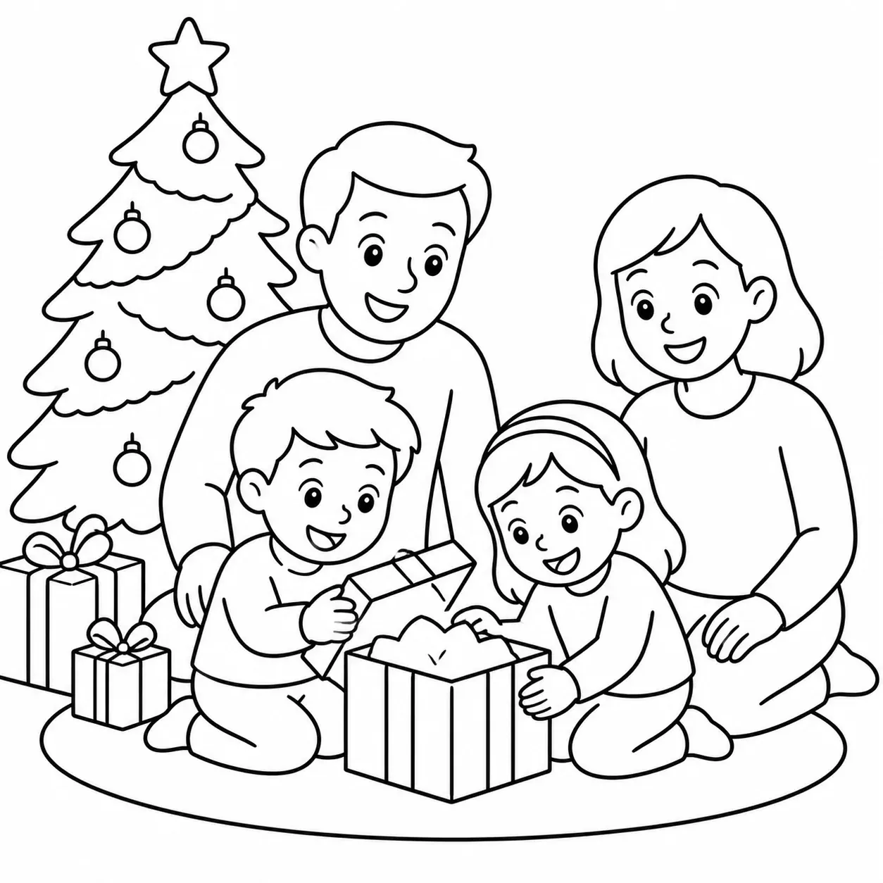 Famille réunie autour du sapin transformée en page de coloriage