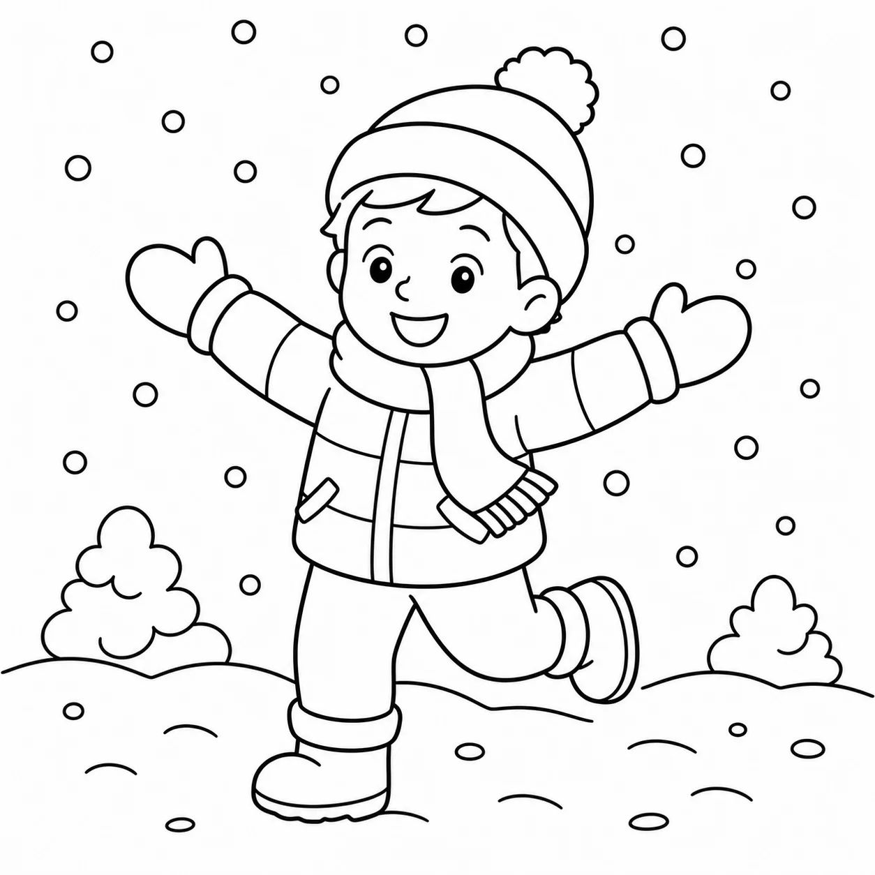 Scène d'hiver d'un enfant transformée en page de coloriage