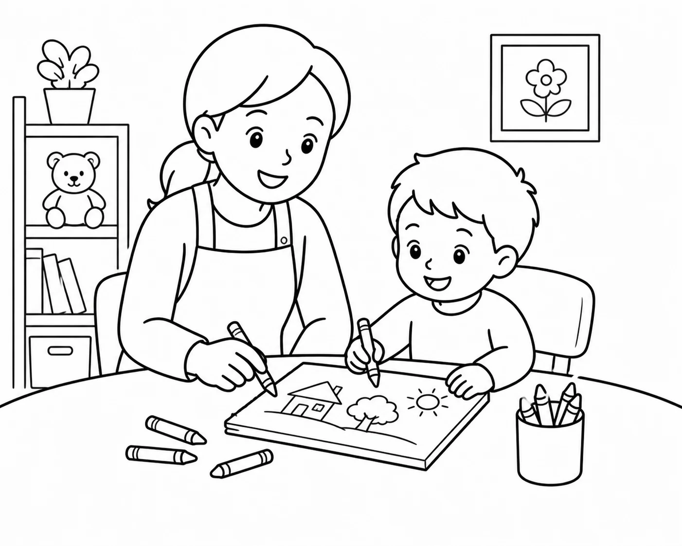 Child and childminder during an activity, rendered as line art