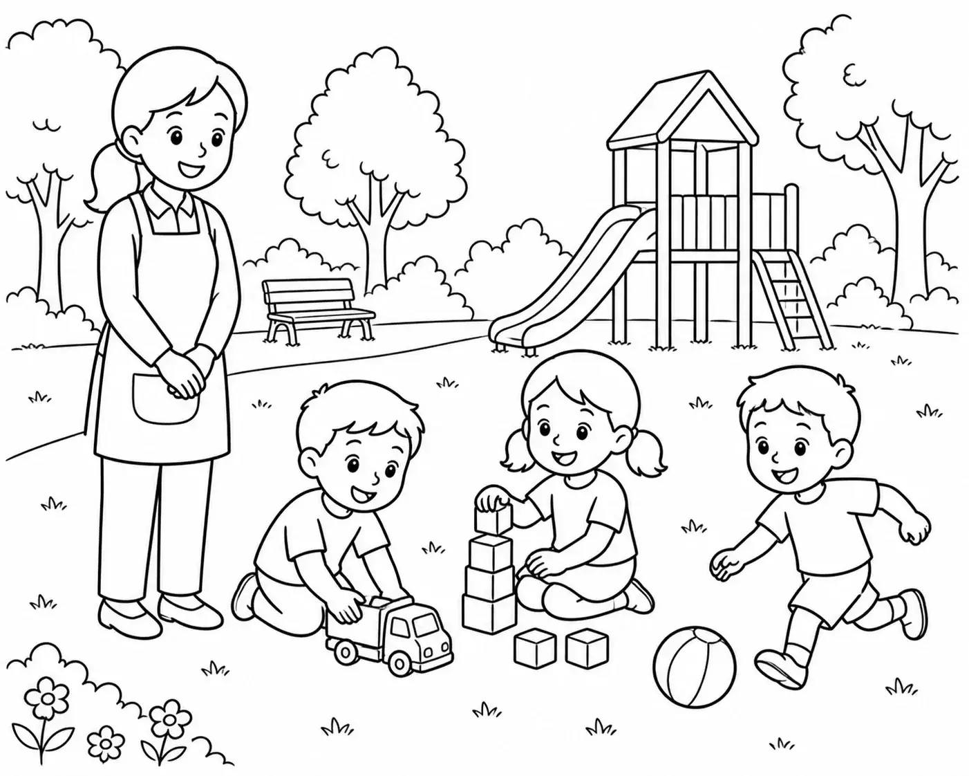 Park outing with the other kids in care, turned into a coloring page