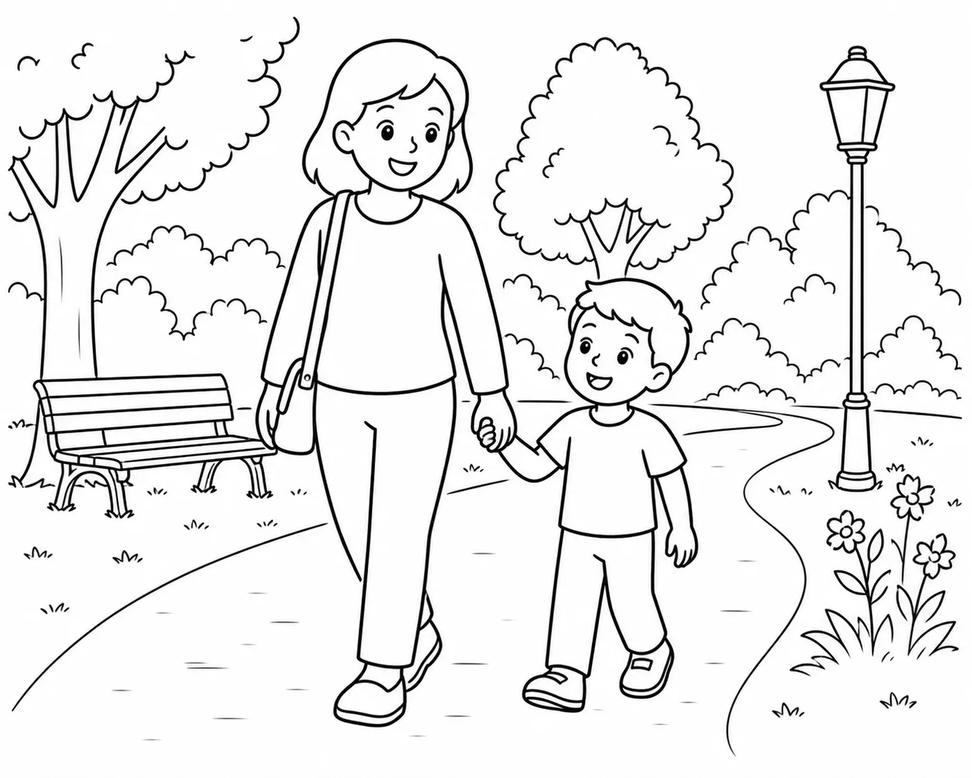 Sortie au parc avec les enfants, en illustration noir et blanc