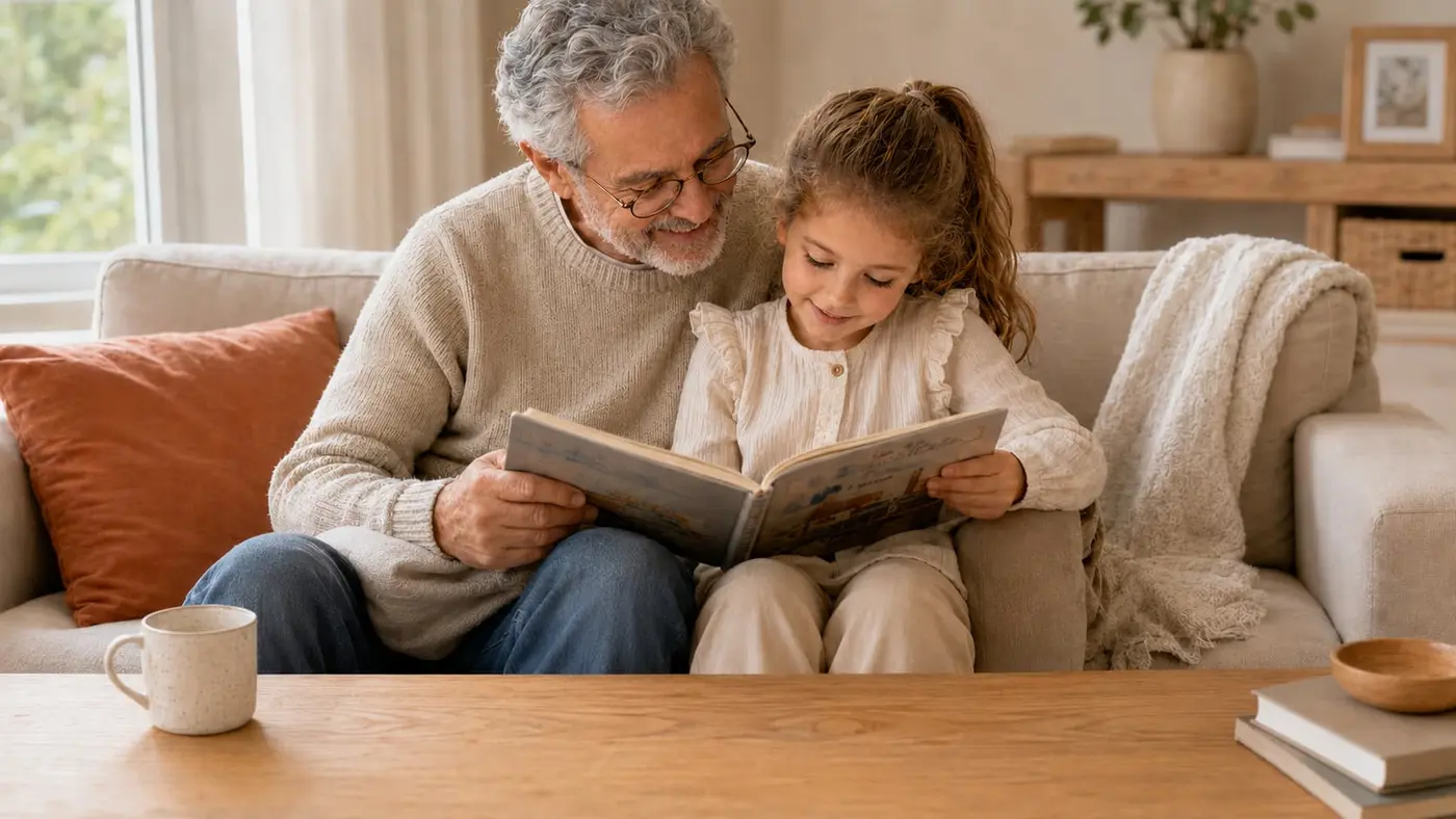 Un grand-père et sa petite-fille regardent ensemble un album de coloriage personnalisé sur le canapé