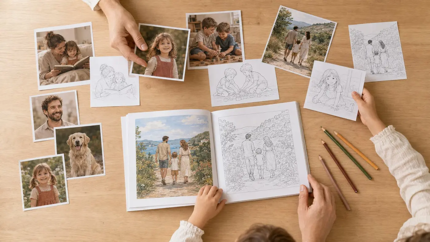 Des photos de famille étalées sur une table à côté d'un album de coloriage ouvert et de crayons