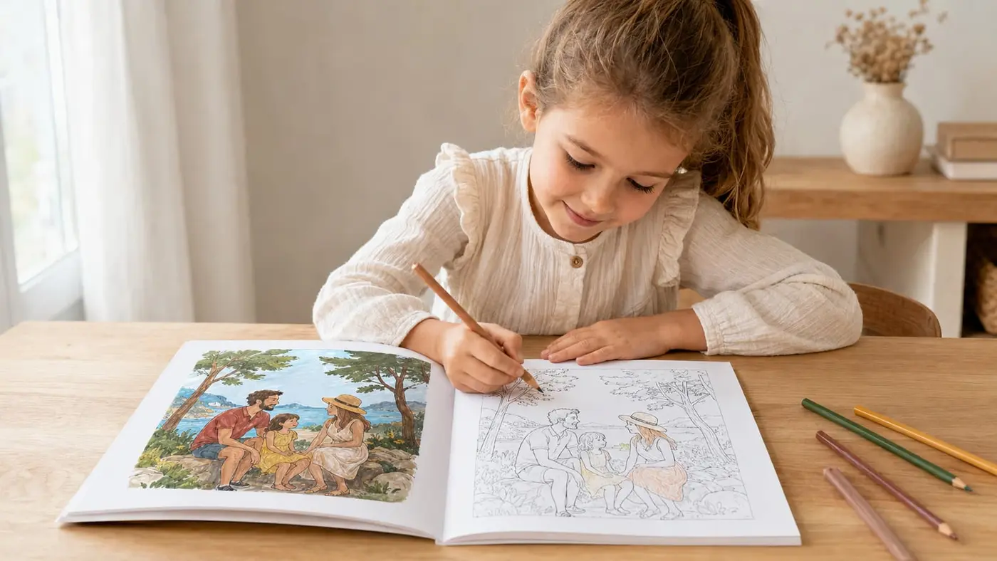 Une petite fille colorie chez elle une page imprimée de son album, le modèle en couleur à côté