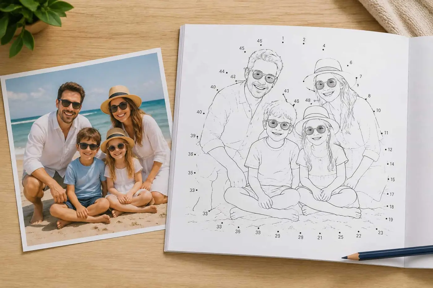 Photo de famille à la plage à côté du cahier où elle devient des points à relier numérotés