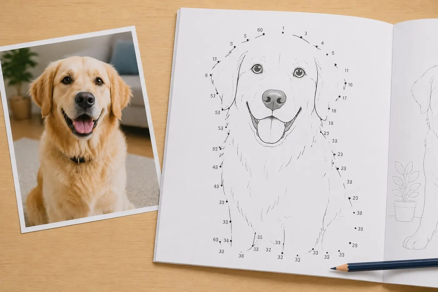 Photo d'un golden retriever à côté de sa version en points à relier dans un cahier