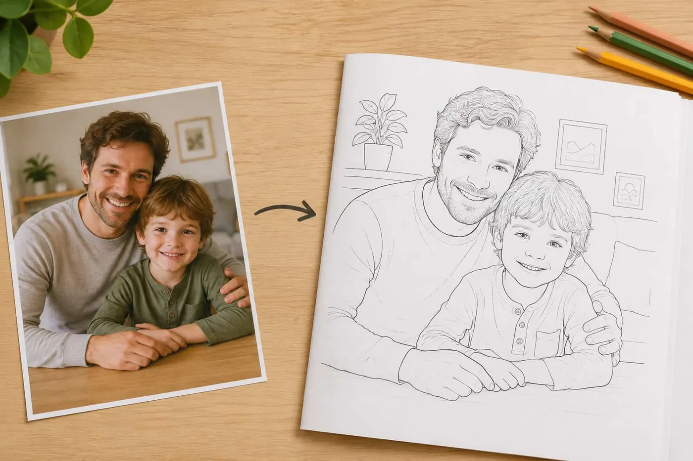 Photo d'un père et son fils à côté de sa version redessinée au trait