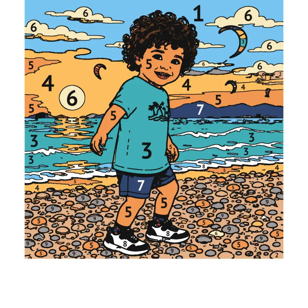 Color-by-number model page: the photo simplified into numbered flat color areas