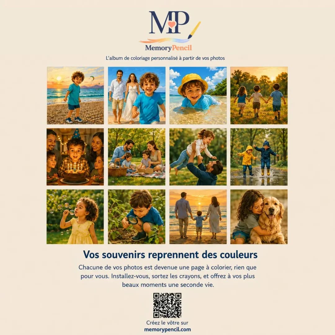 Dos d'un album de coloriage personnalisé, avec la grille des souvenirs illustrés