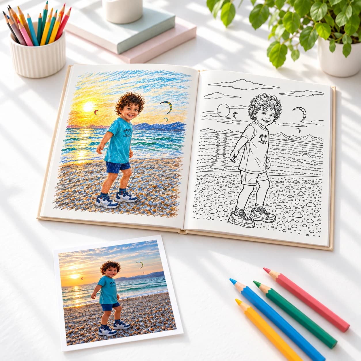 Open Memory Pencil album: on the left page, the colored-pencil illustration of a child on a beach at sunset; on the right page, the same scene as line art to color; the original printed photo lies in front of the album