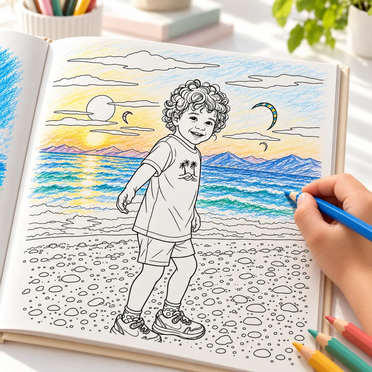 A child's hand coloring the line-art page of a child on a beach with colored pencils, sky and sea already partly colored