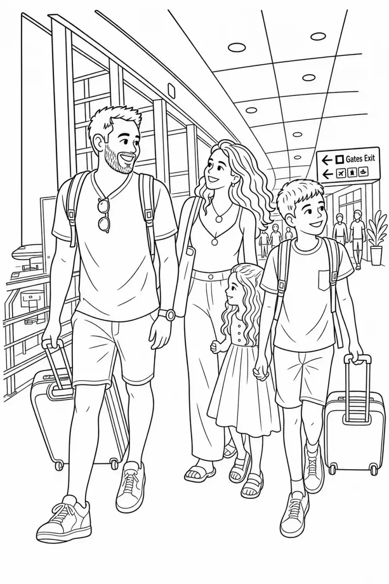 La même scène de famille transformée en dessin au trait à colorier