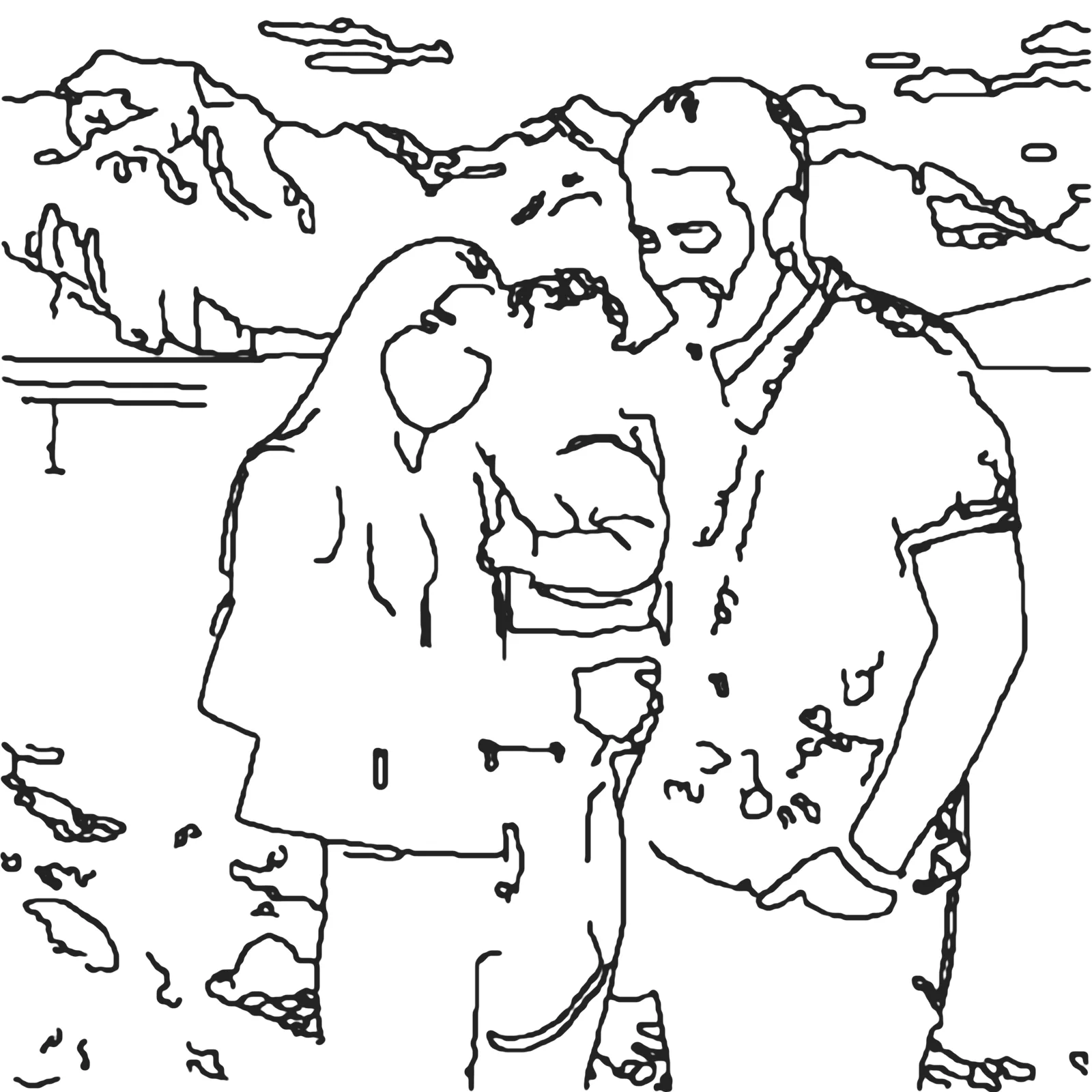 Example coloring page made from a family photo by a mountain lake